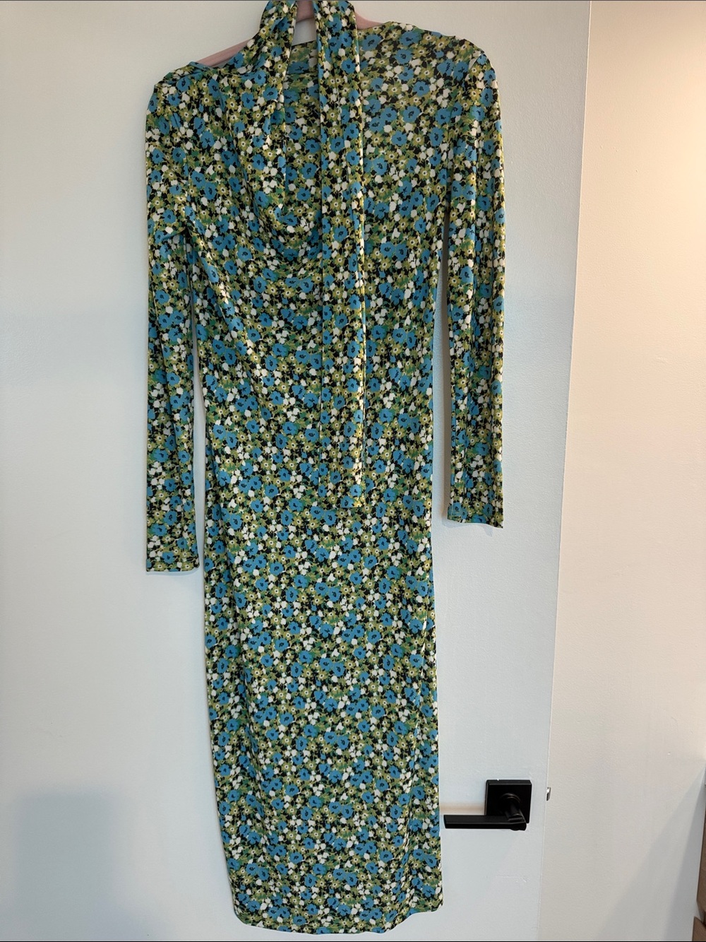 Zara Blue and Green Floral Long-Sleeve Midi Dress